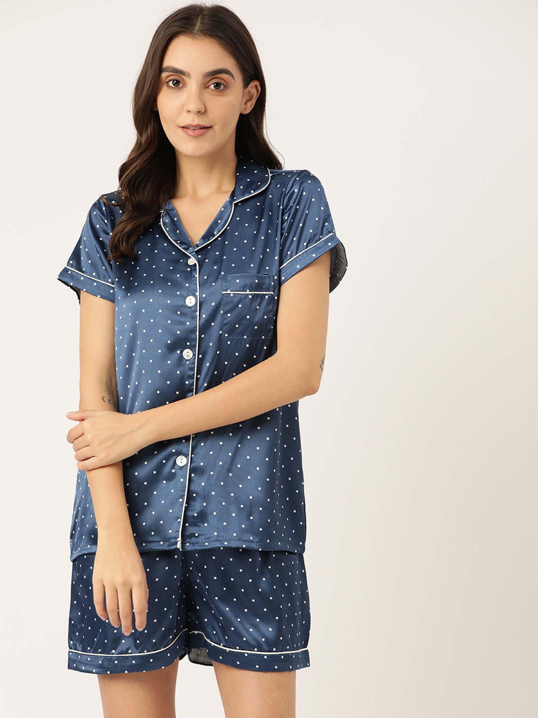 

Sweet Dreams Women Navy Blue & White Printed Satin Night suit