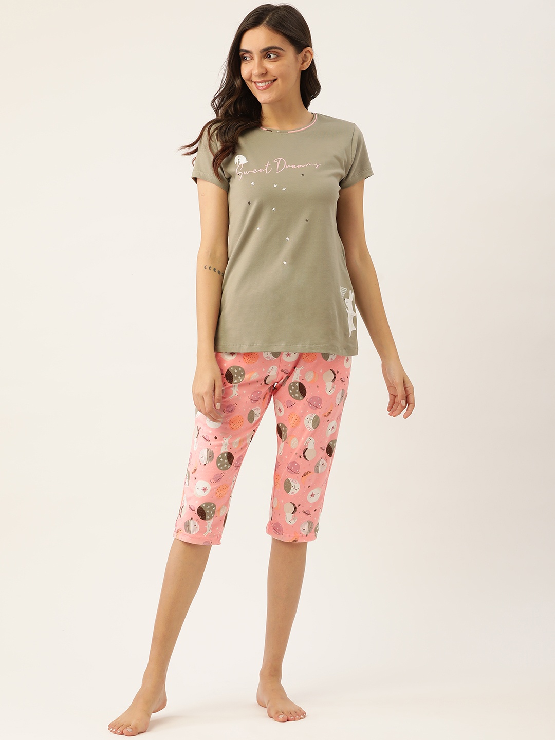 

Sweet Dreams Women Olive Green & Pink Printed Night suit