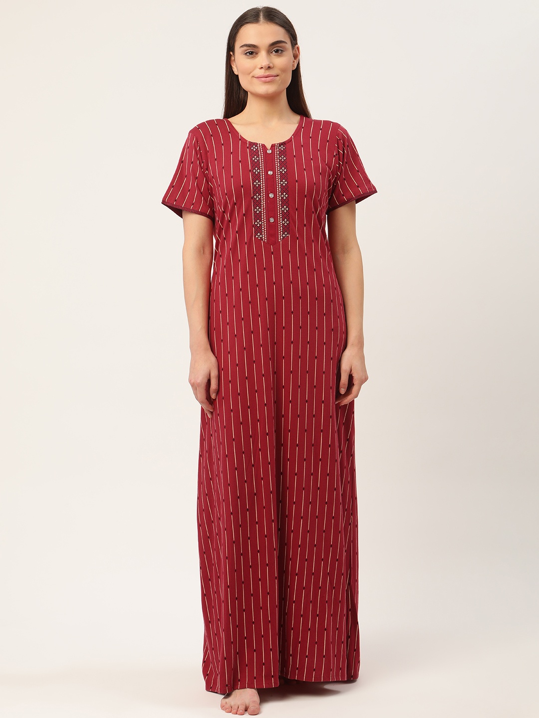 

Sweet Dreams Red & Off-White Pure Cotton Striped Maxi Nightdress