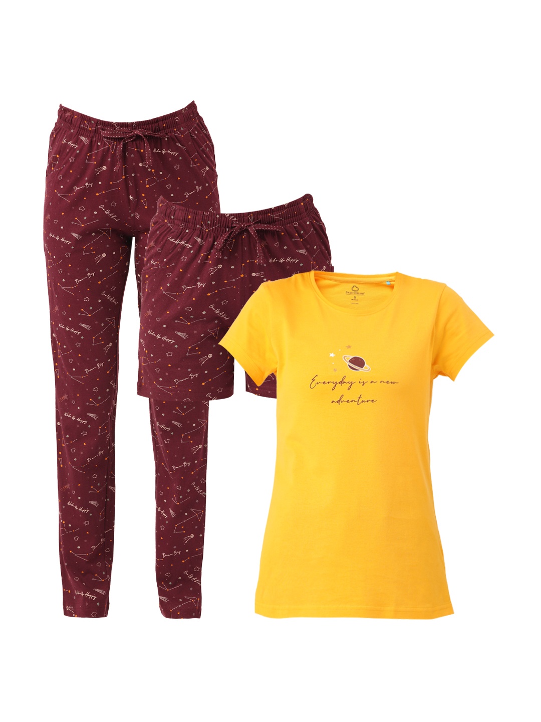 

Sweet Dreams Women 3 Piece Yellow & Burgundy Printed Night Suit Set