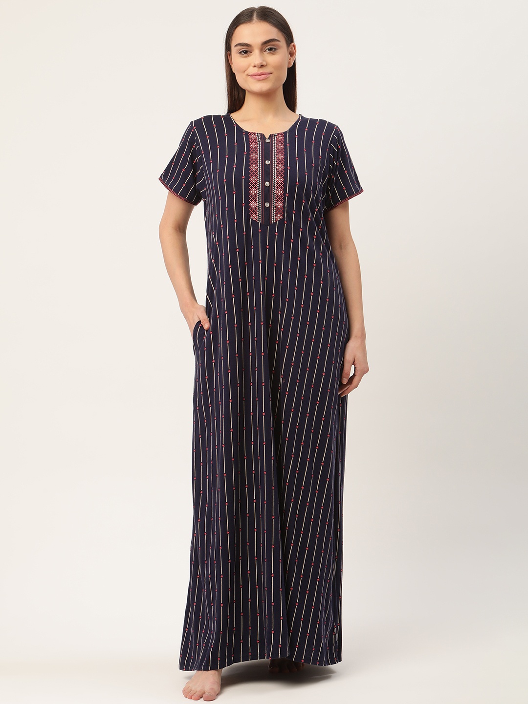 

Sweet Dreams Navy Blue & Off-White Pure Cotton Striped Maxi Nightdress
