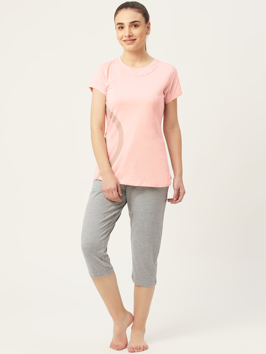 

Sweet Dreams Women Pink & Grey Melange Abstract Printed Capri Set