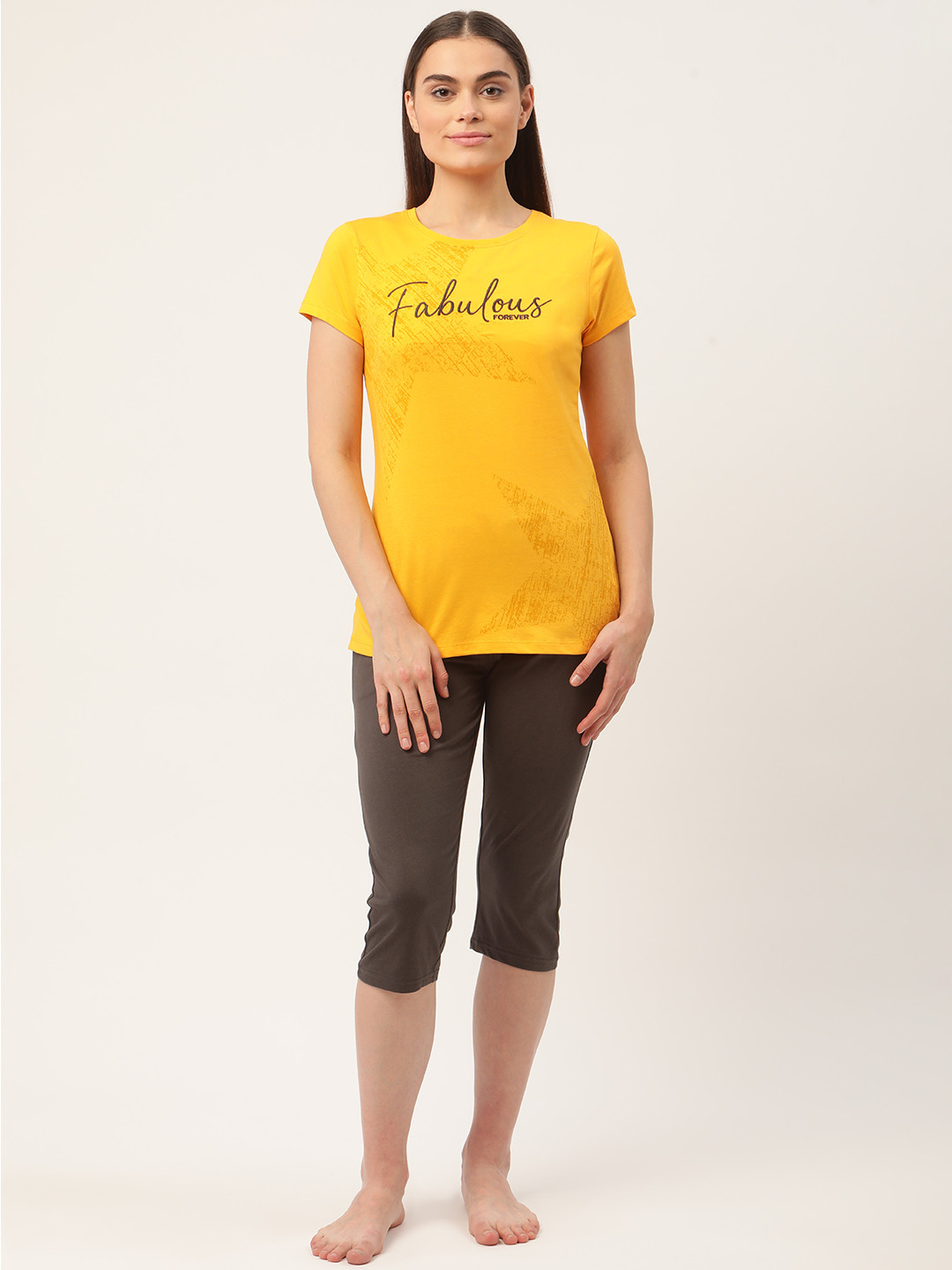 

Sweet Dreams Women Yellow & Charcoal Grey Printed Capri Set