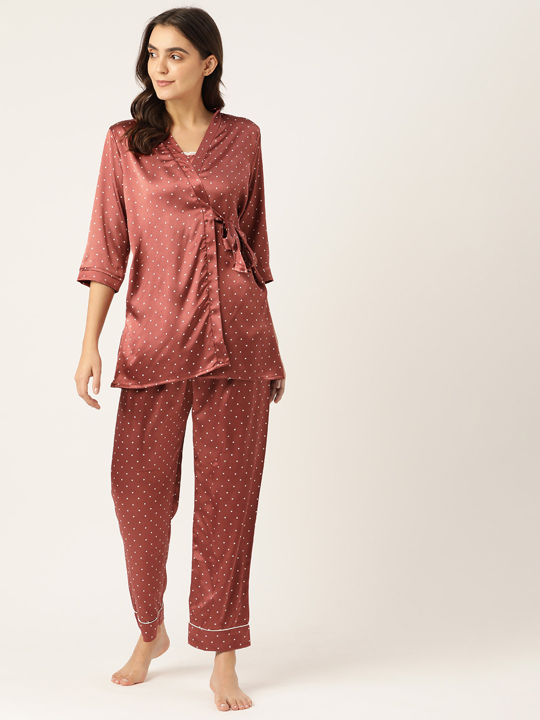 

Sweet Dreams Women 3 Piece Rust Red & White Printed Cotton Night Suit Set
