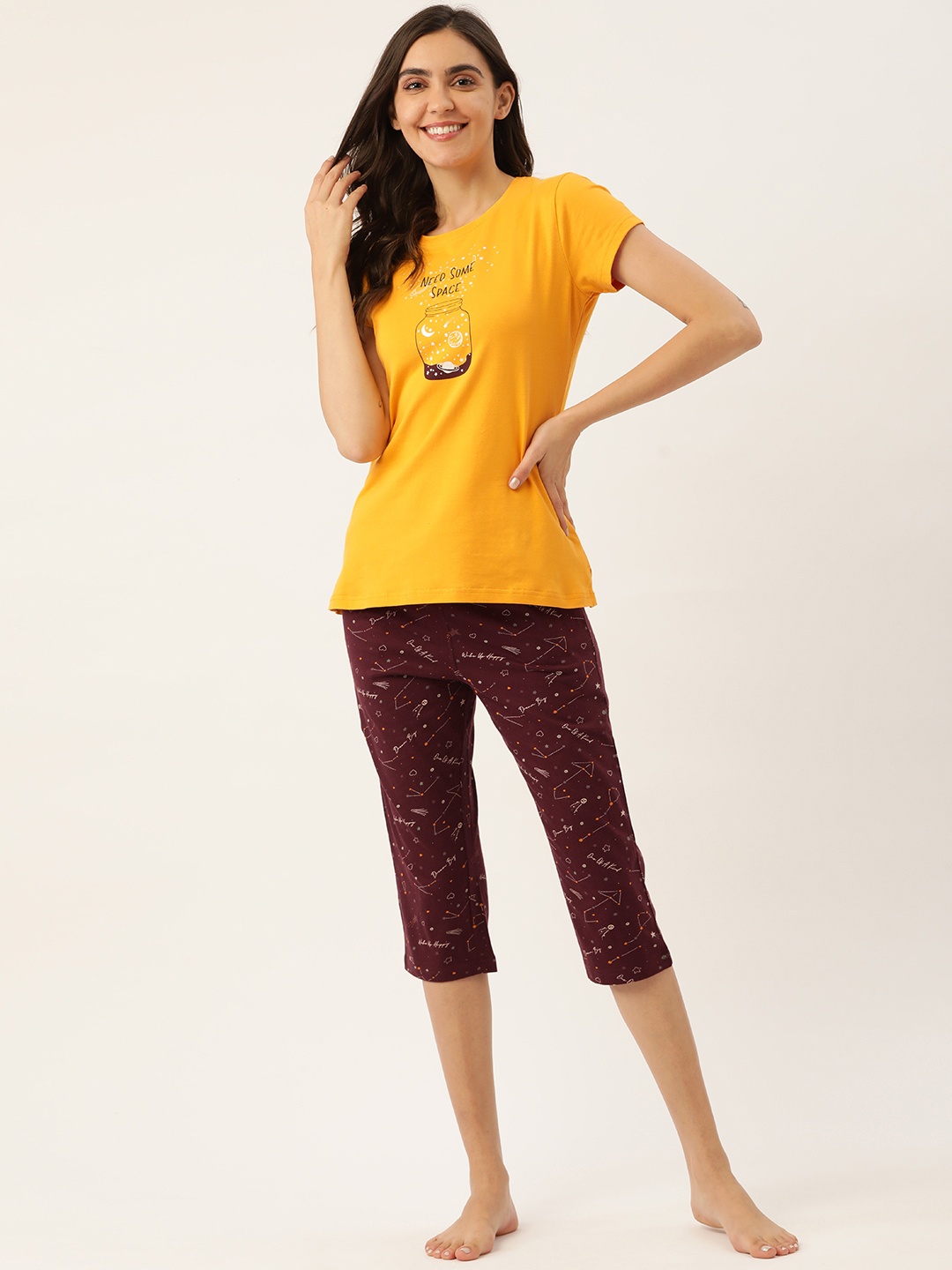 

Sweet Dreams Women Mustard Yellow & Maroon Printed Pure Cotton Night suit