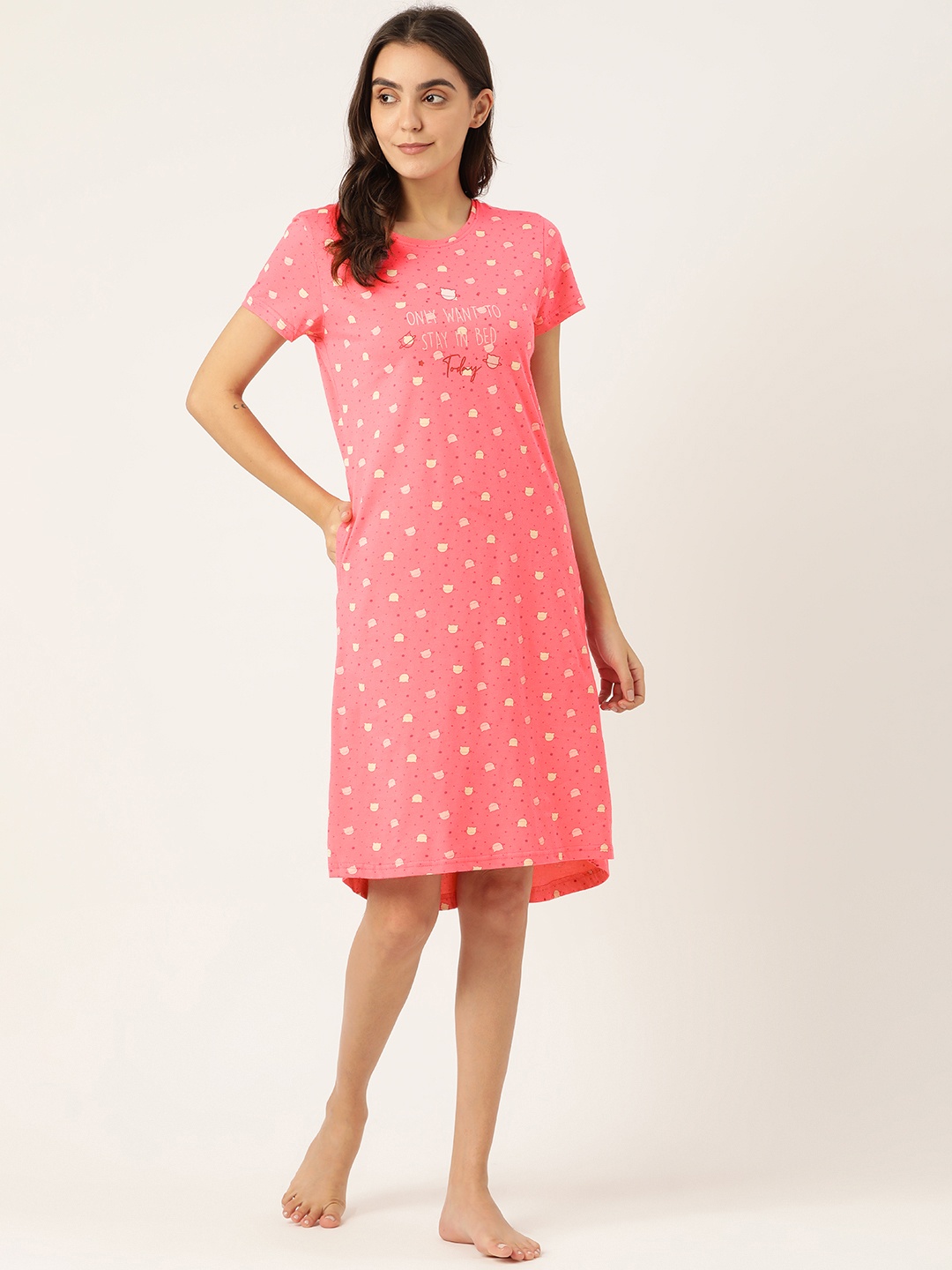 

Sweet Dreams Pink & Cream-Coloured Printed Cotton Nightdress