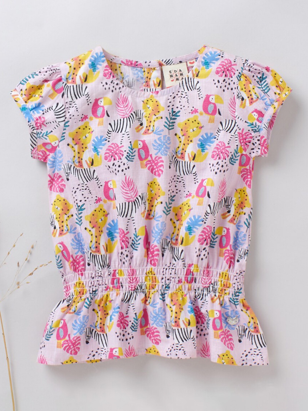 

Ed-a-Mamma Girls Pink & Blue Print Pure Cotton Cinched Waist Top