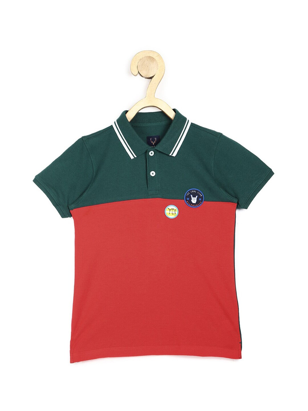 

Allen Solly Junior Boys Red & Green Colourblocked Pure Cotton Polo Collar T-shirt