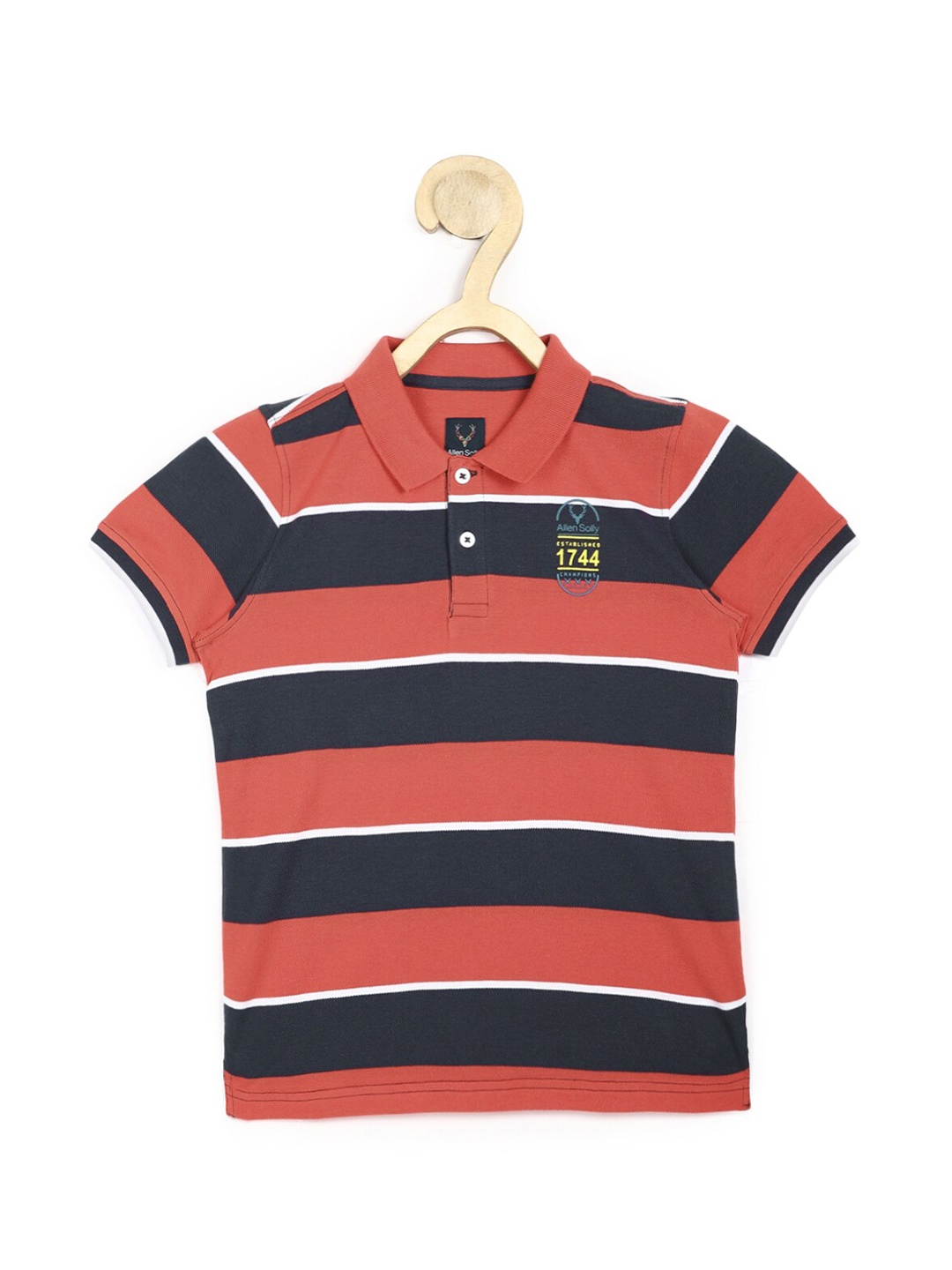 

Allen Solly Junior Boys Red & Teal Striped Polo Collar Pure Cotton T-shirt
