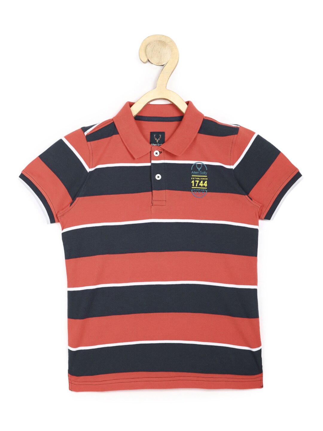 

Allen Solly Junior Boys Red & Navy Blue Striped Pure Cotton Polo Collar T-shirt