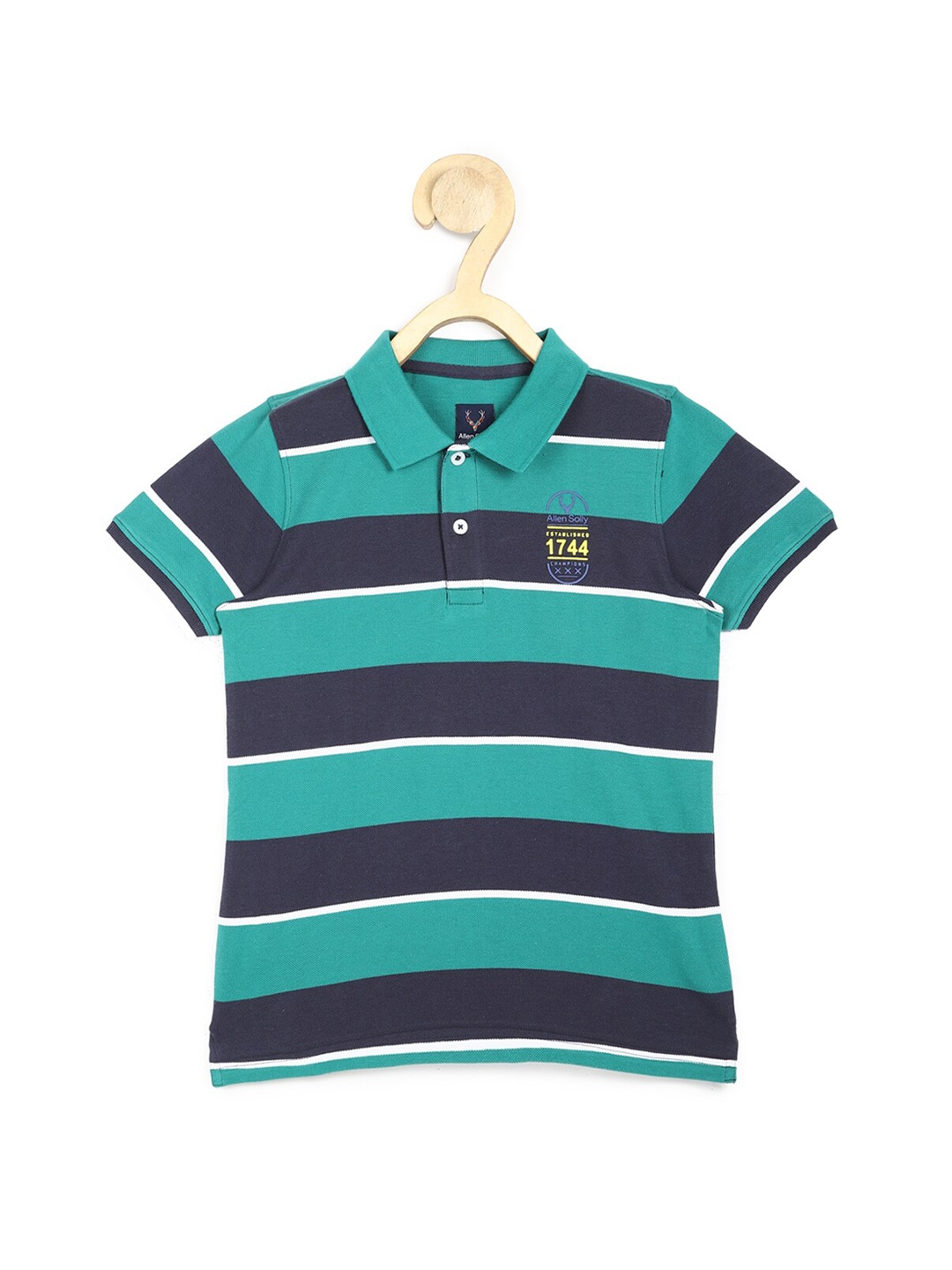 

Allen Solly Junior Boys Green & Navy Blue Striped Pure Cotton Polo Collar T-shirt