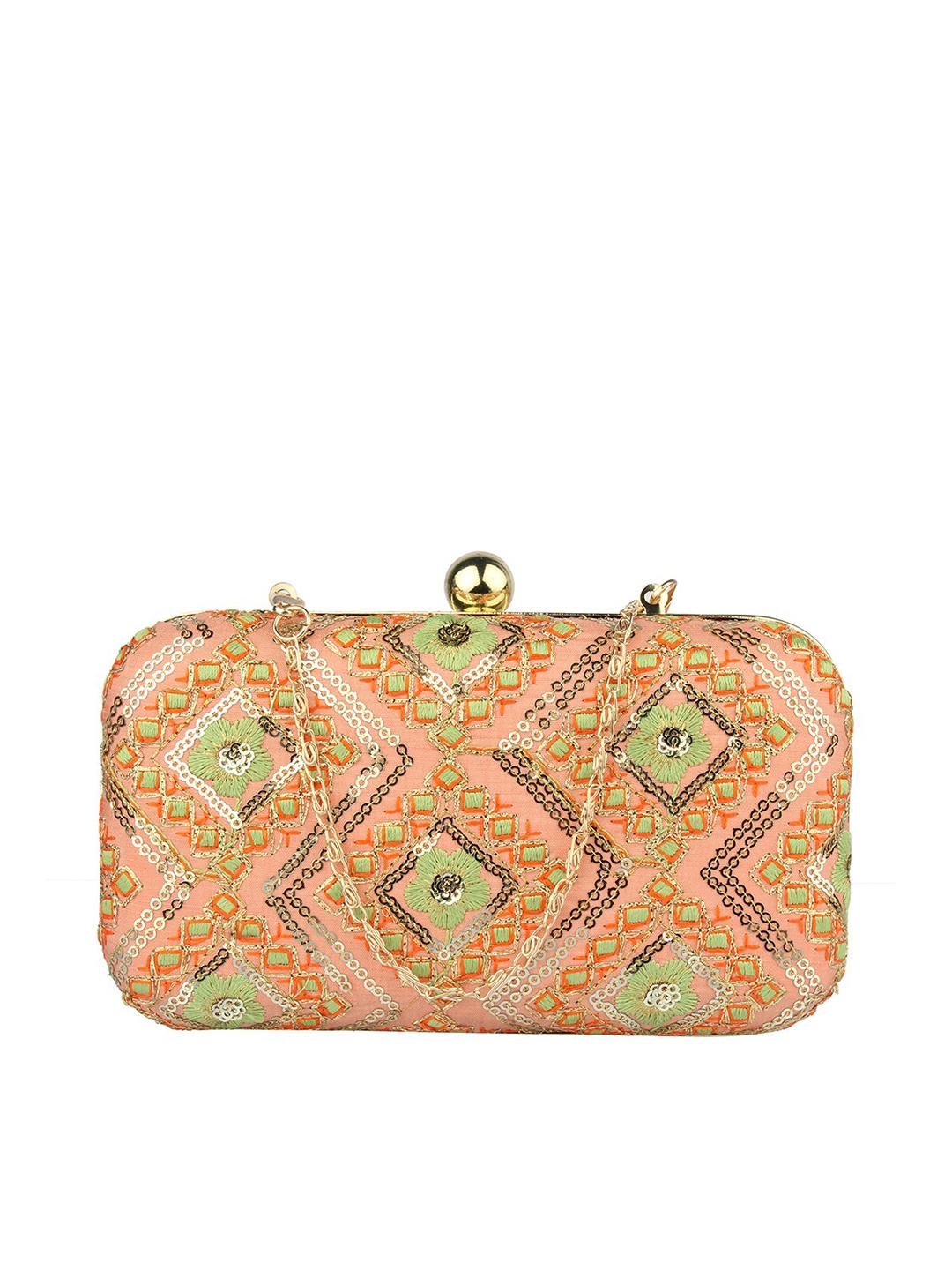 

MAMMON Peach-Coloured & Green Embroidered Box Clutch