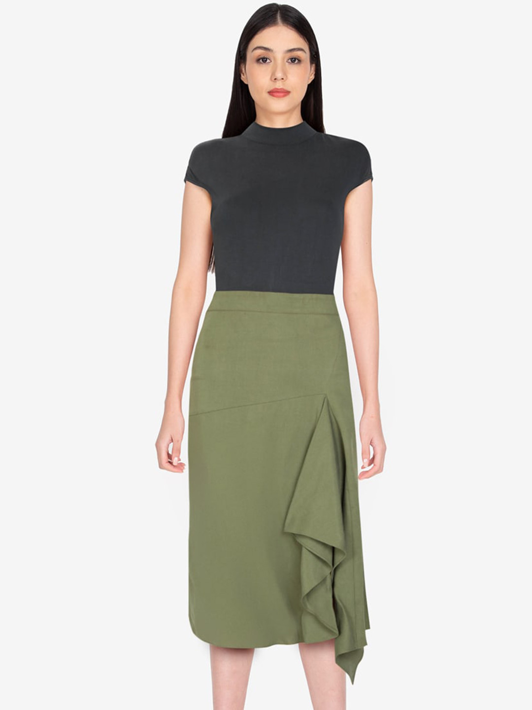 

ORIGIN BY ZALORA Green & Black Colourblocked Mock Neck Sheath Midi Dress