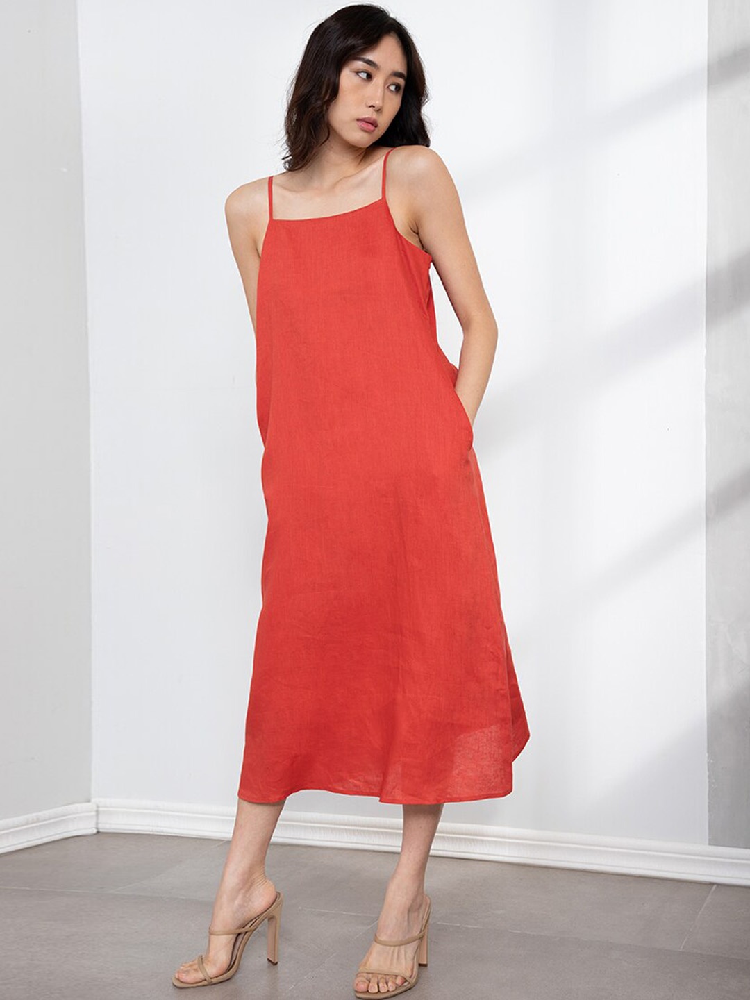 

ORIGIN BY ZALORA Orange Linen Bow Back Trapeze Dress