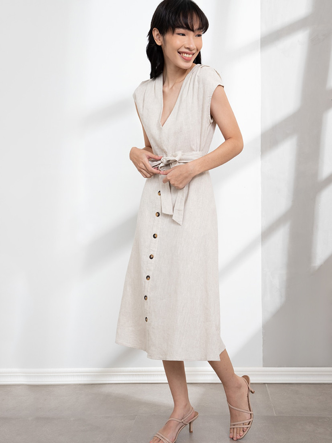

ORIGIN BY ZALORA Women Beige Pure Linen A-Line Dress