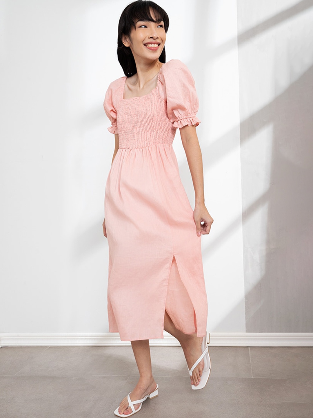 

ORIGIN BY ZALORA Pink Pure Linen A-Line Maxi Smocked Detail Puff Sleeve Dress