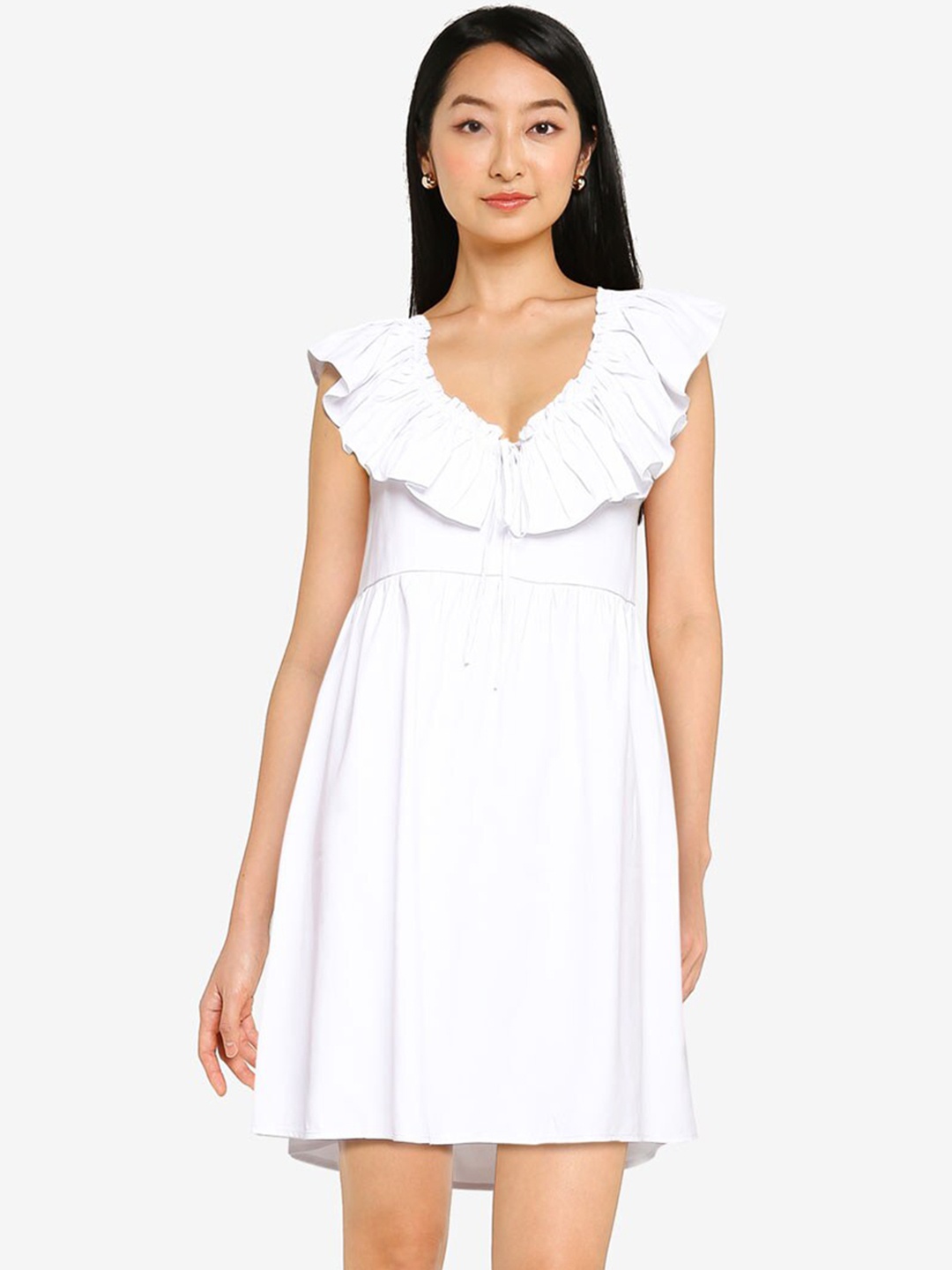 

ZALORA BASICS White Frill Neck A-Line Dress
