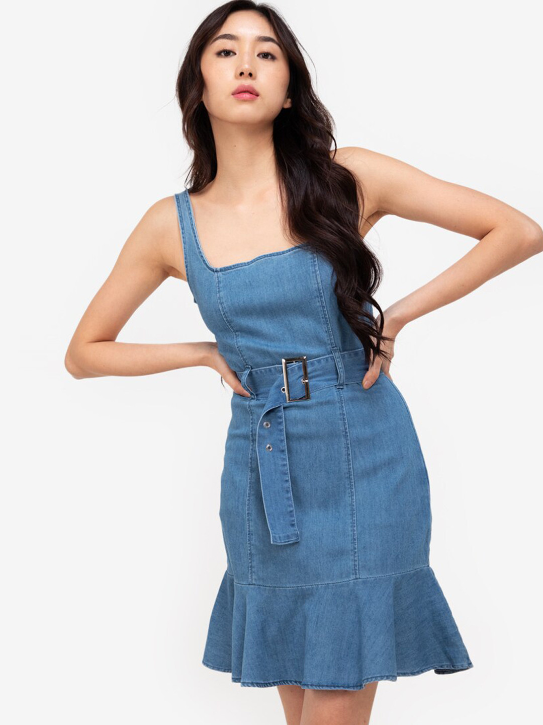 

ZALORA BASICS Blue Belted Denim A-Line Dress