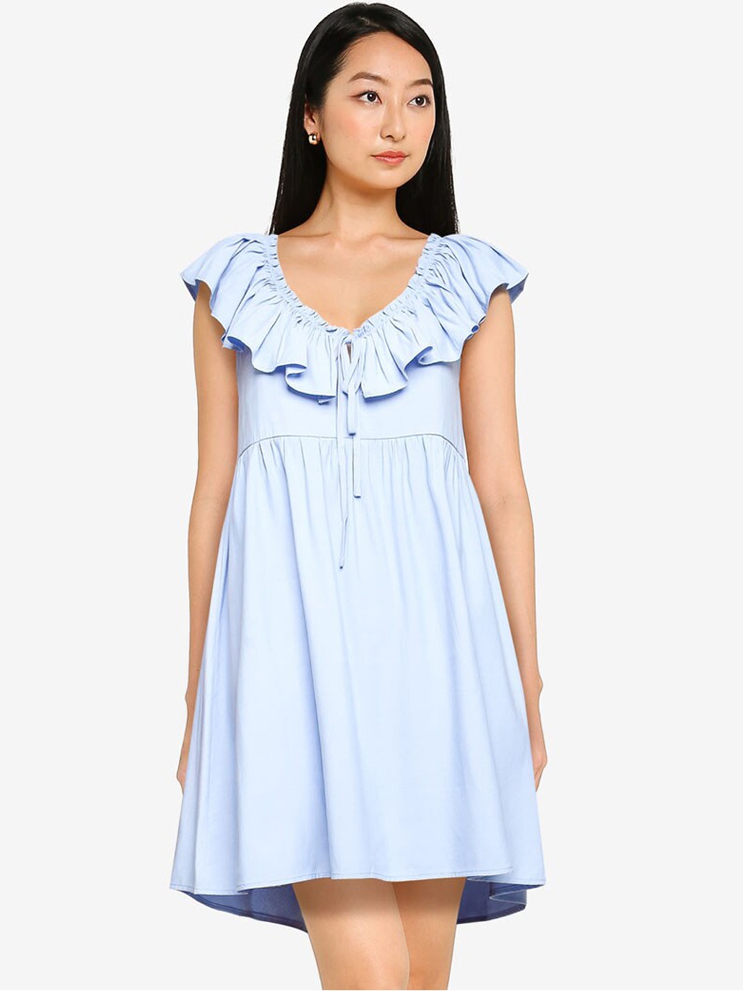 

ZALORA BASICS Blue A-Line Frill Neck Mini Dress