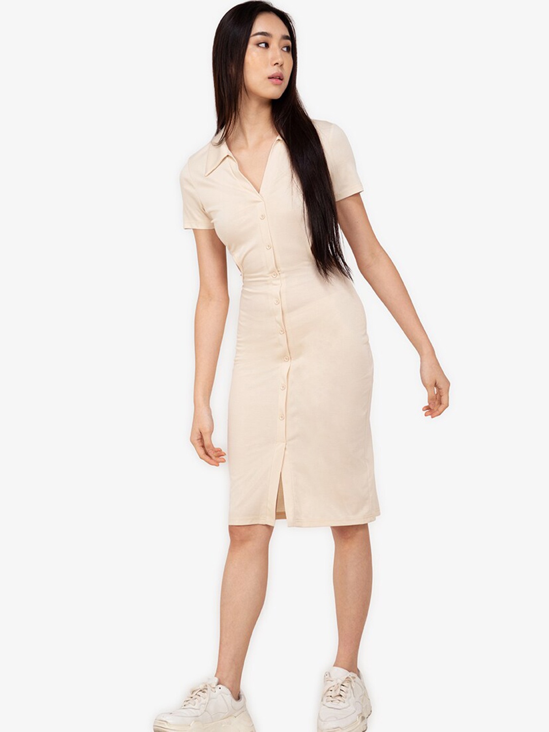 

ZALORA BASICS Beige Cut Out Shirt Dress