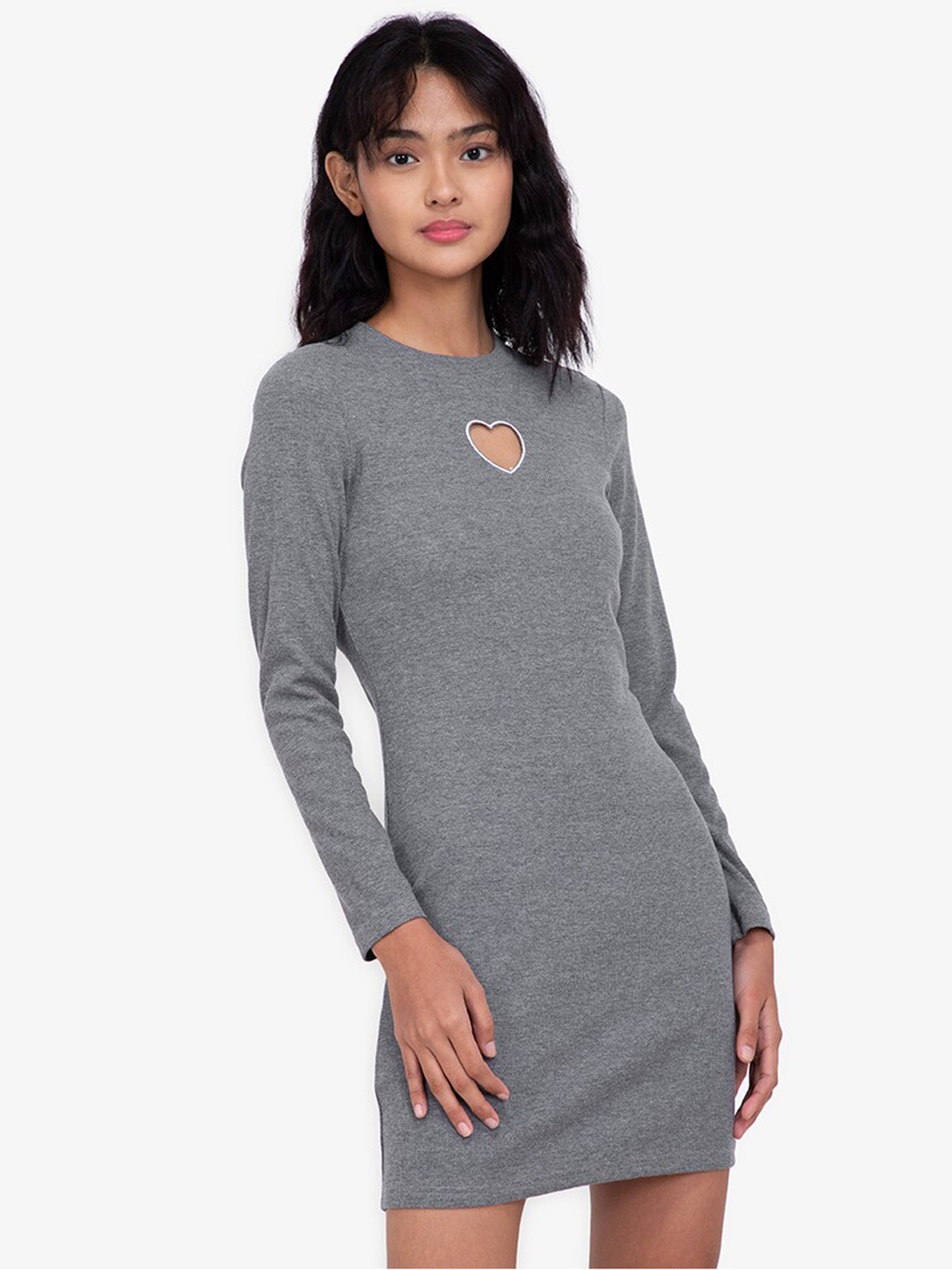 

ZALORA BASICS Grey Heart Cut Out Neck Bodycon Mini Dress