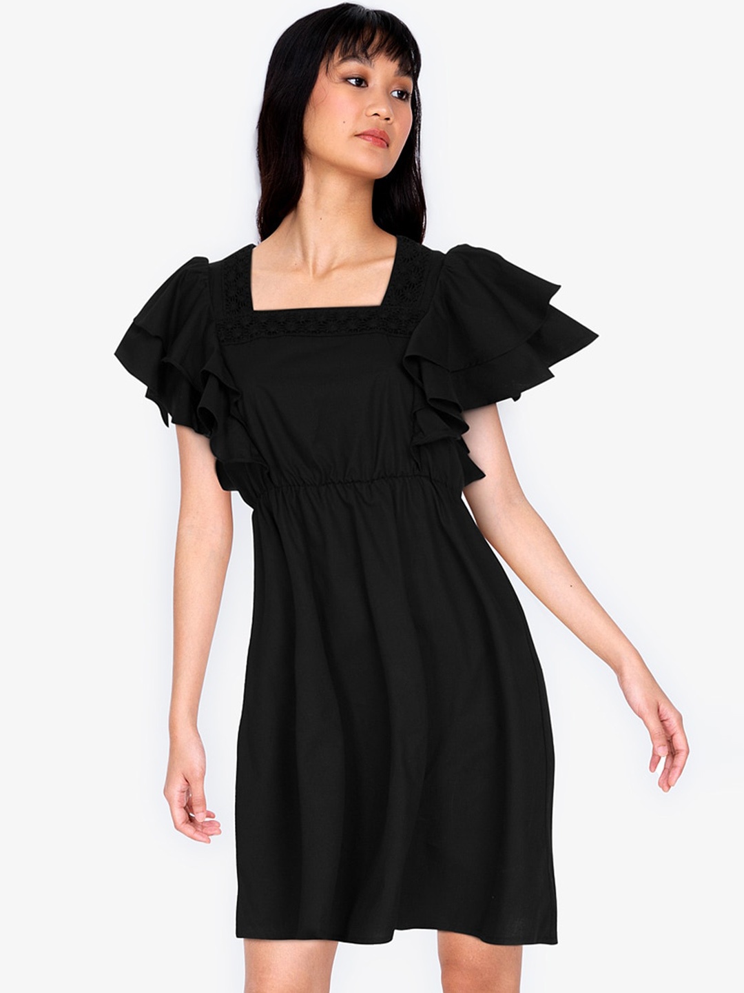 

ZALORA BASICS Black Layered Sleeve Square Neck Dress