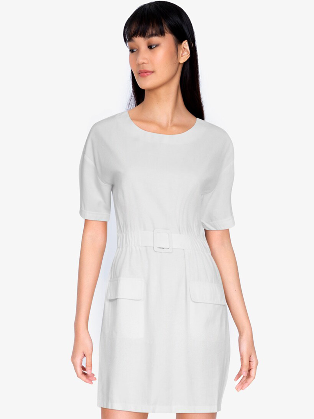 

ZALORA BASICS White A-Line Double Pocket Dress With Belt