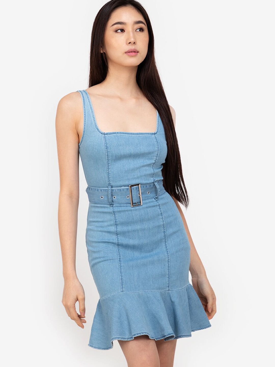 

ZALORA BASICS Blue Ruffle Hem Buckle Belted Denim Dress
