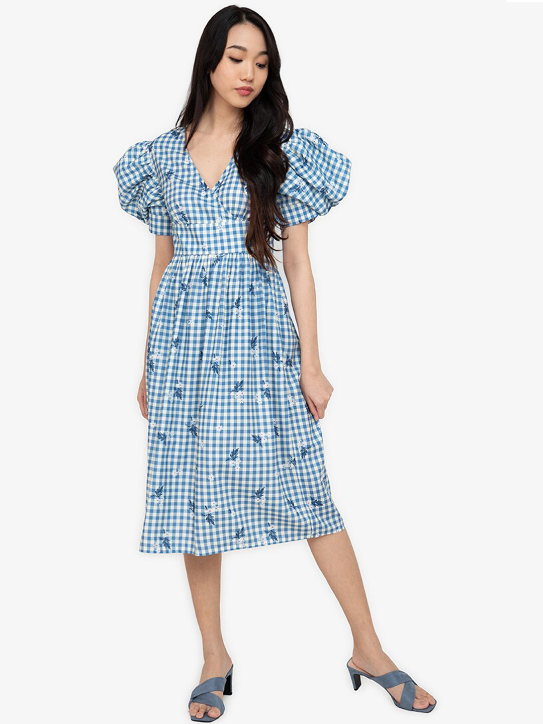 

ZALORA BASICS Blue & White Checked A-Line Dress
