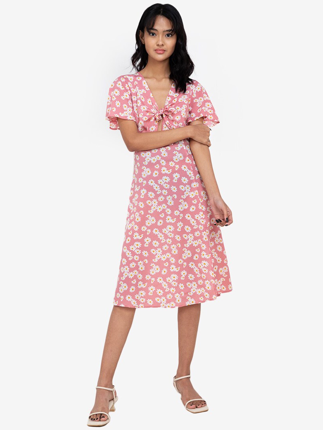 

ZALORA BASICS Pink & White Floral Tie Front A-Line Dress
