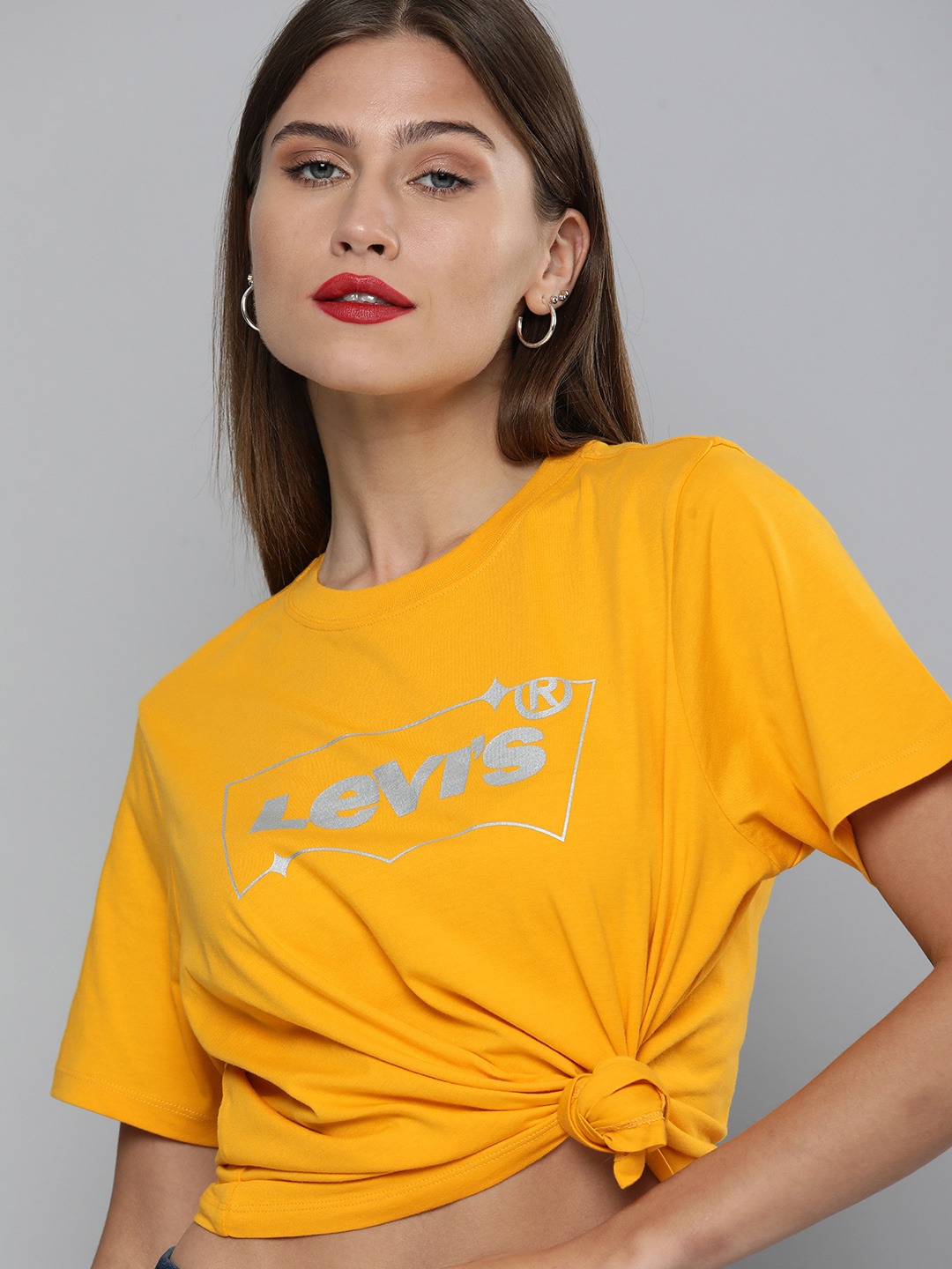 

Levis Women Mustard Yellow Brand Logo Printed Pure Cotton T-shirt