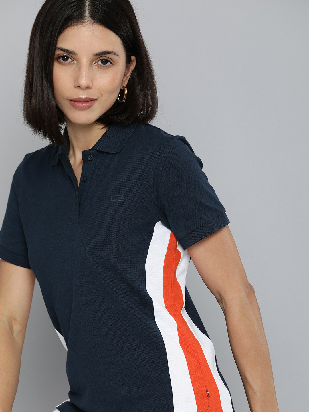 

Levis Women Navy Blue & White Colourblocked Polo Collar T-shirt