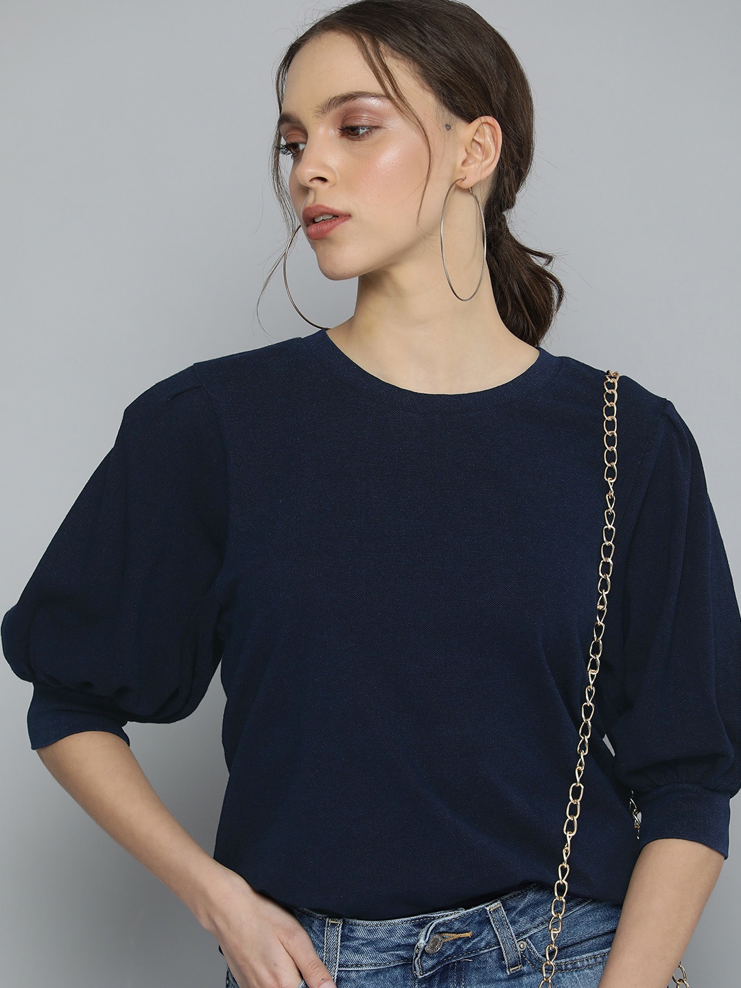 

Levis Women Navy Blue Solid Puff Sleeves Pure Cotton T-shirt