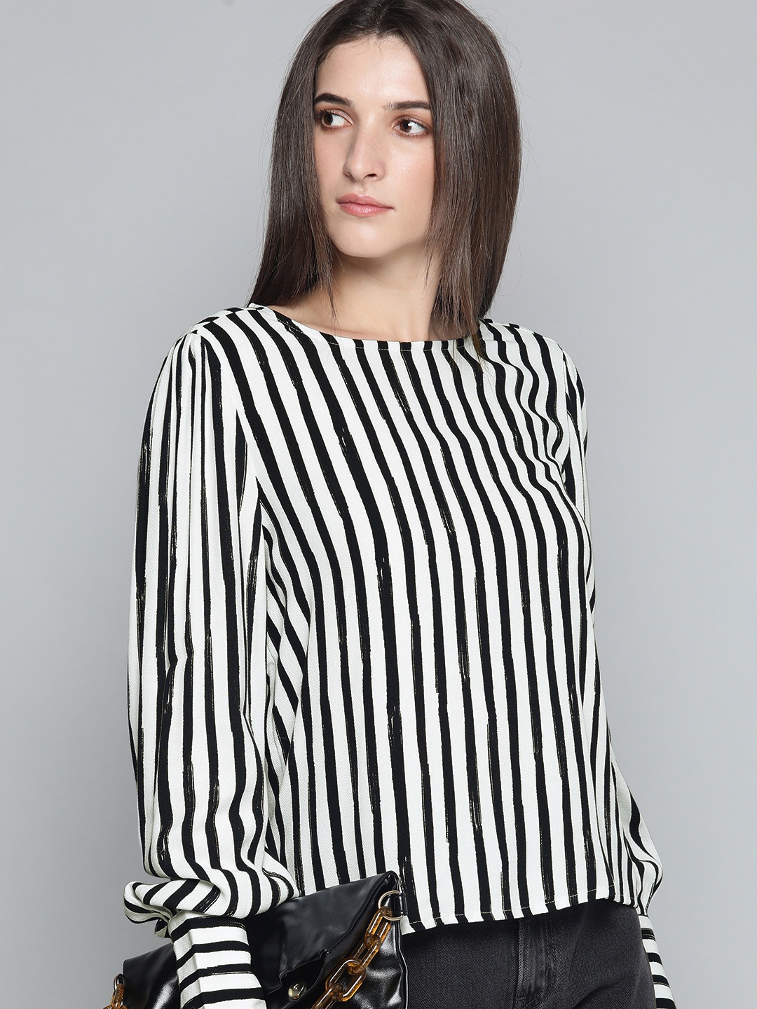 

Levis Women White & Black Striped Casual Top