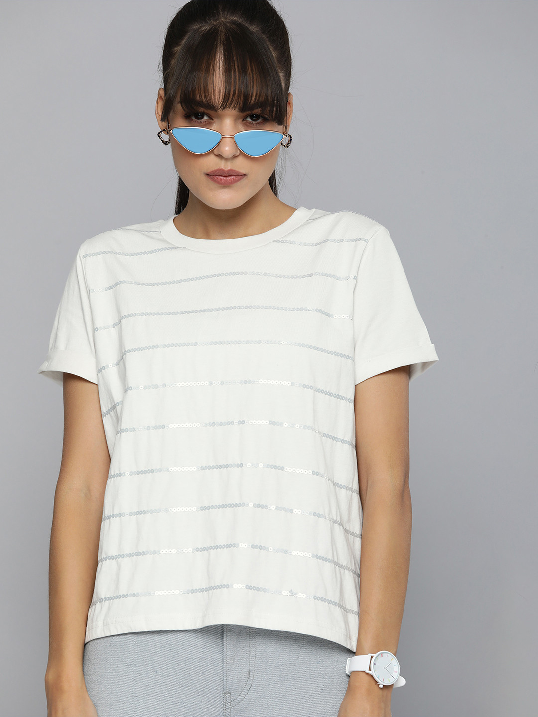 

Levis Women White & Silver-Toned Striped Sequinned Pure Cotton T-shirt