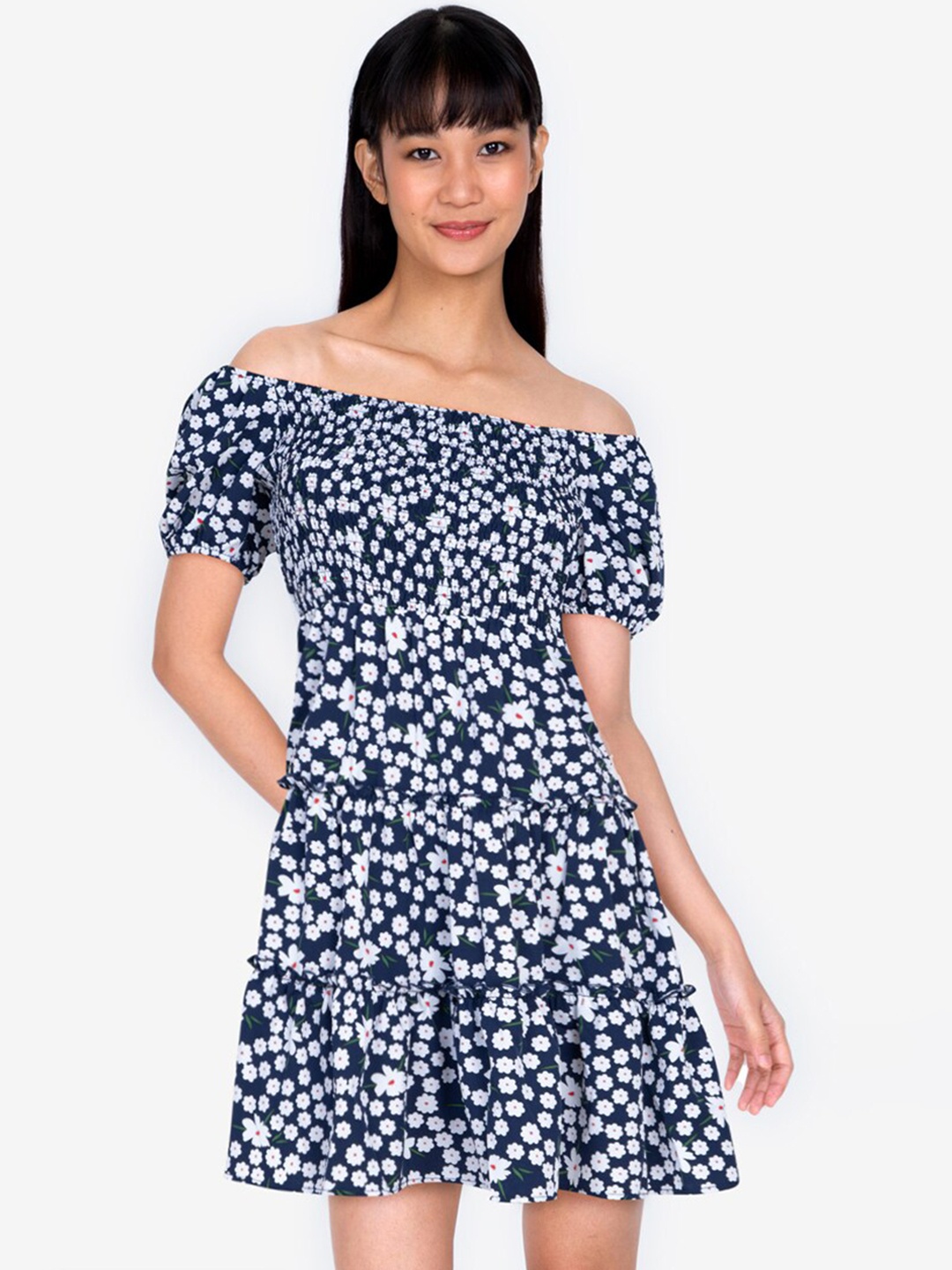 

ZALORA BASICS Navy Blue & White Floral Off-Shoulder A-Line Dress