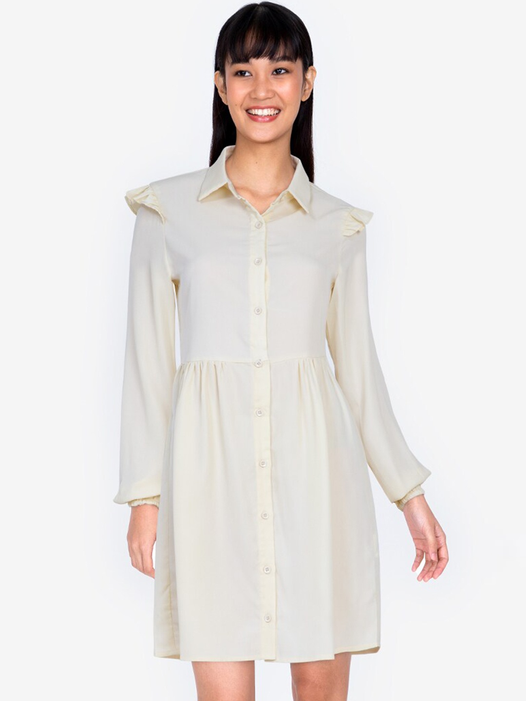 

ZALORA BASICS Women Beige Frill Detail Shirt Dress