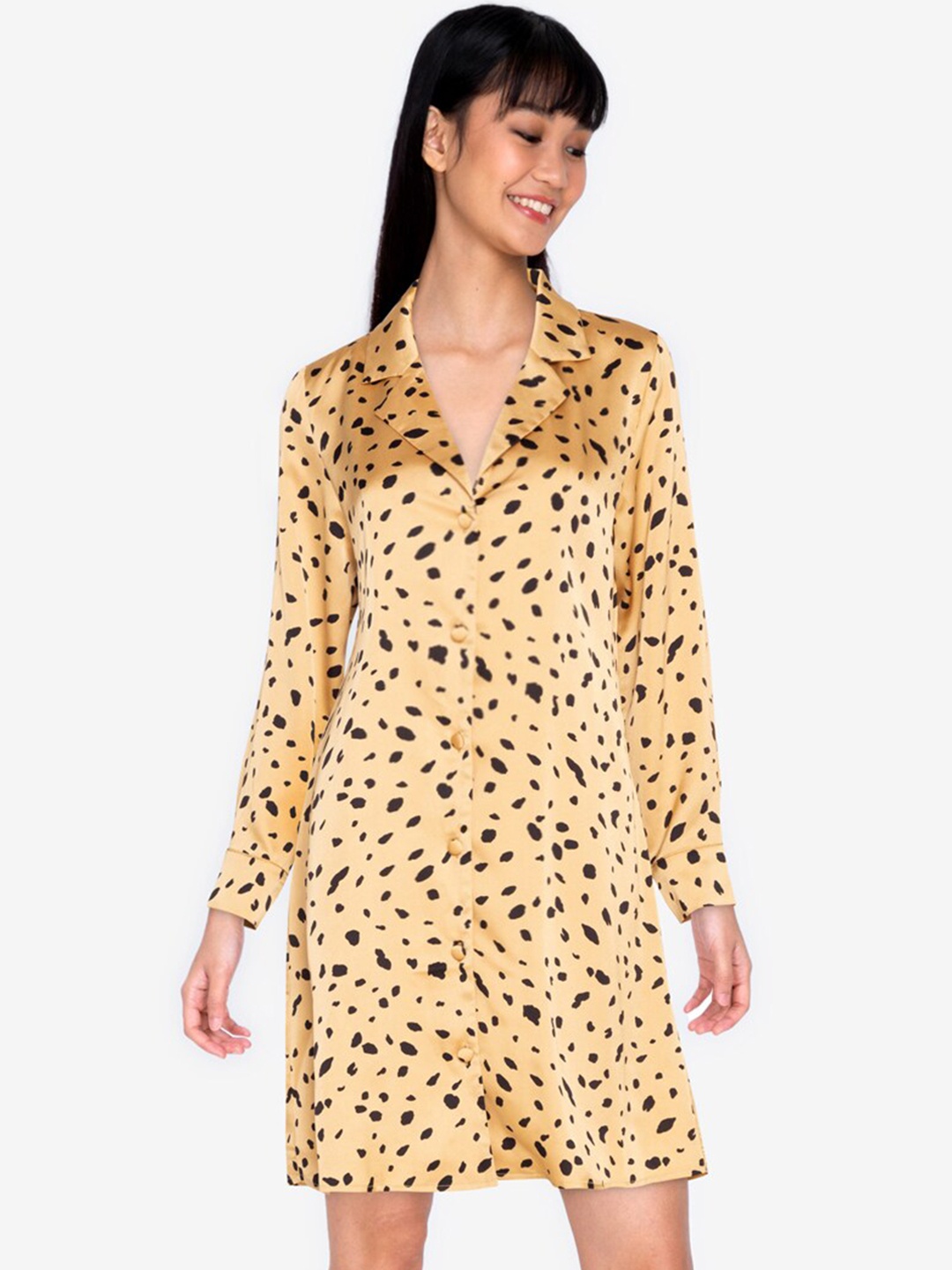 

ZALORA BASICS Yellow & Black Printed Satin Shirt Dress