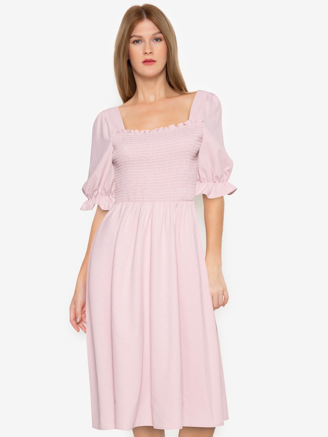 

ZALORA BASICS Women Pink Smocked Bodice A-Line Midi Dress