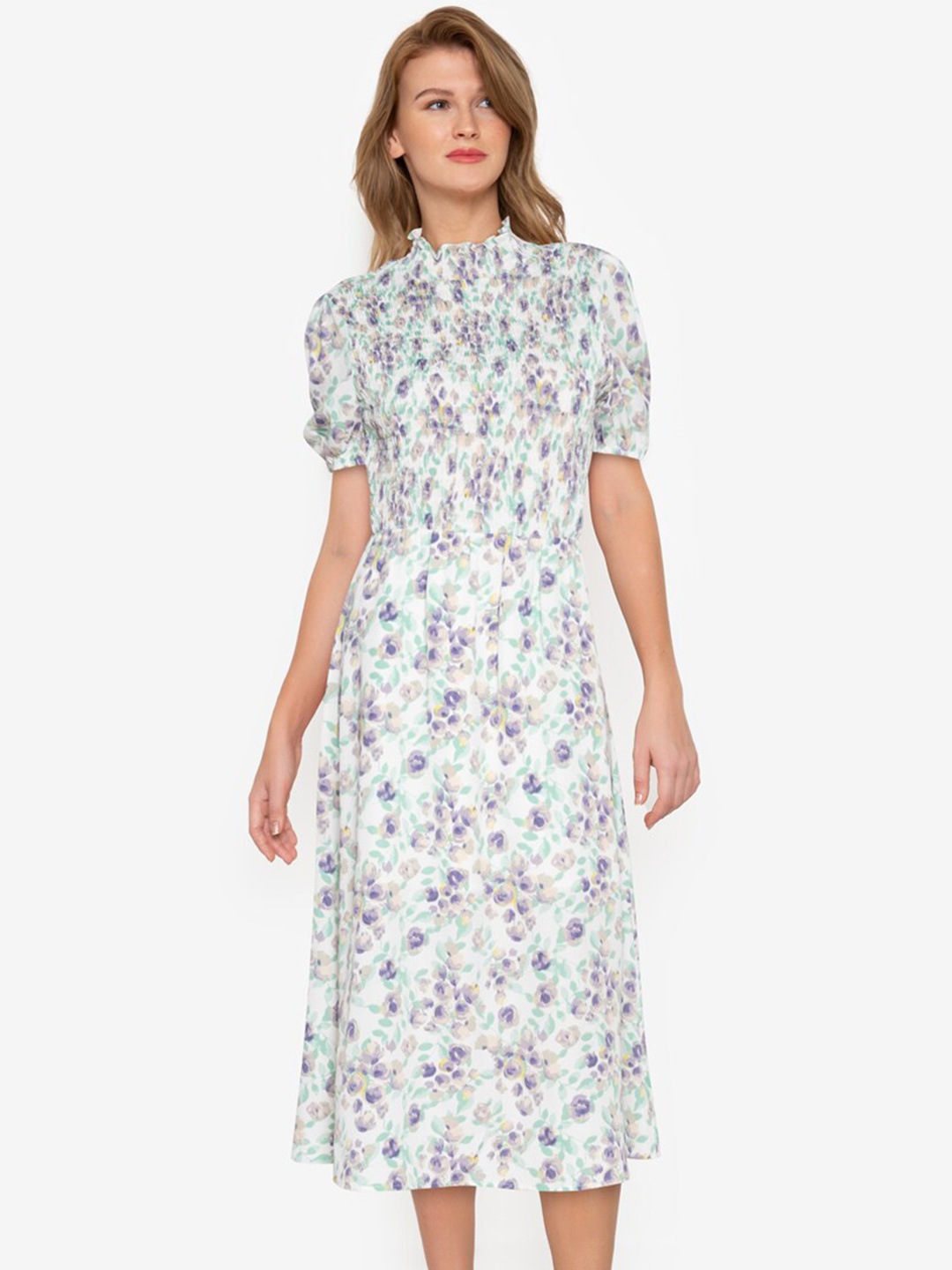 

ZALORA BASICS Women Multicoloured Floral Puff Sleeve Smocked Midi Dress, Multi