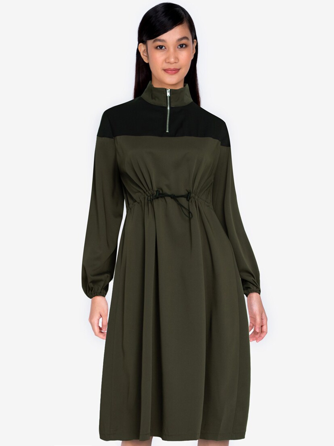 

ZALORA BASICS Olive Green & Black Colourblocked A-Line Dress