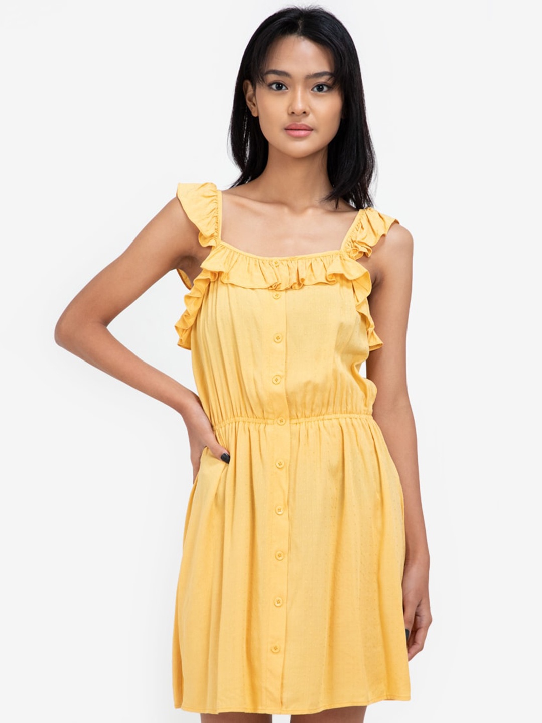 

ZALORA BASICS Yellow Solid Ruffle Detail A-Line Above Knee Dress