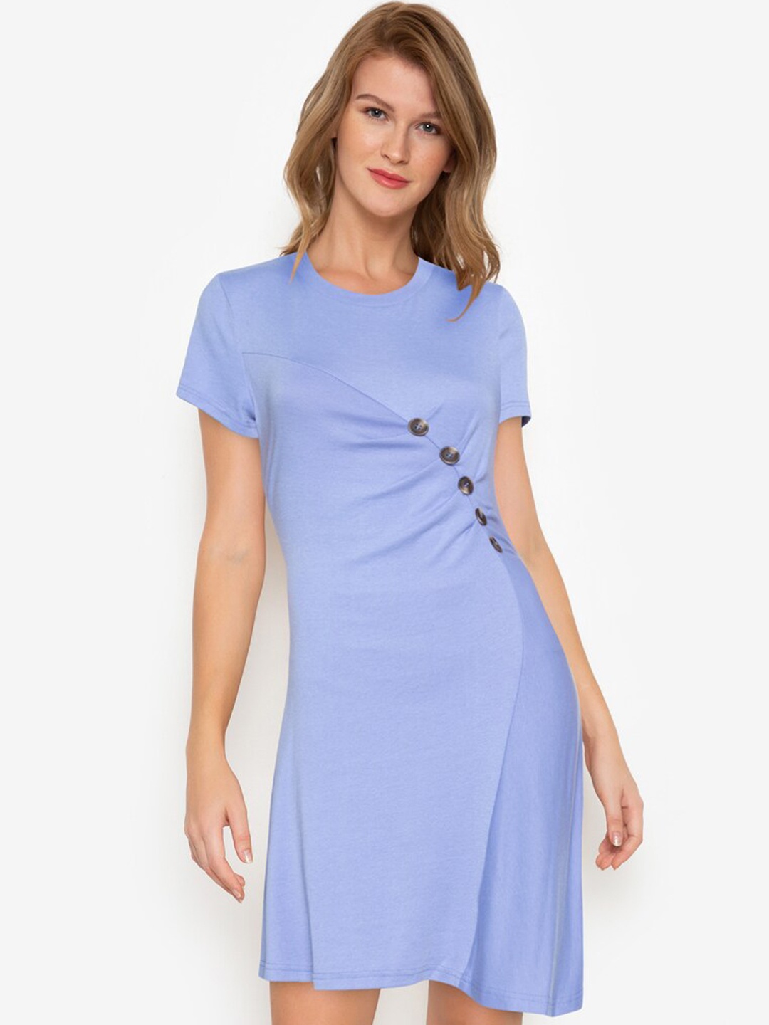 

ZALORA BASICS Women Cotton Blue Asymmetric Button Detail Dress