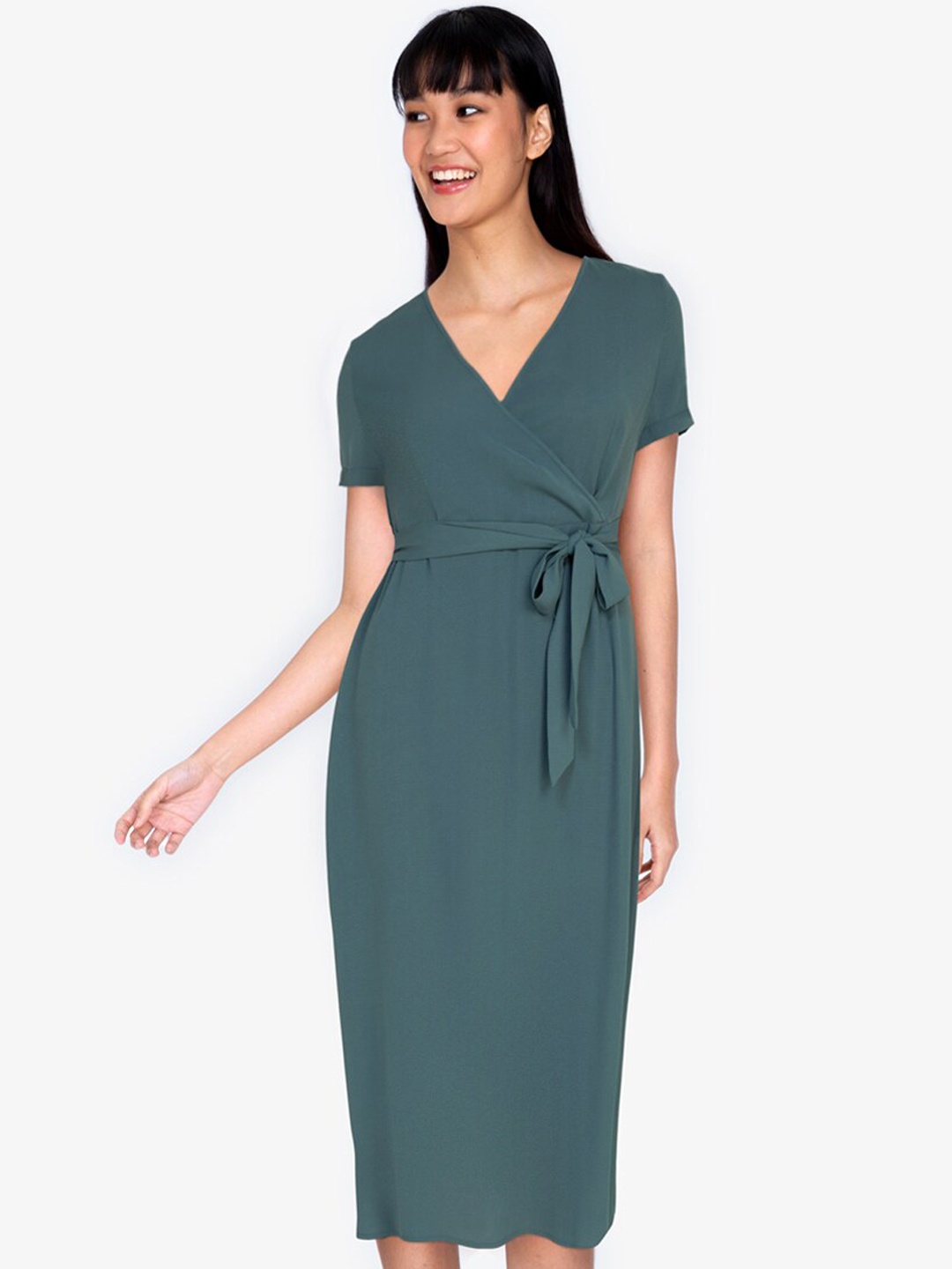 

ZALORA BASICS Blue V-Neck Midi Wrap Dress