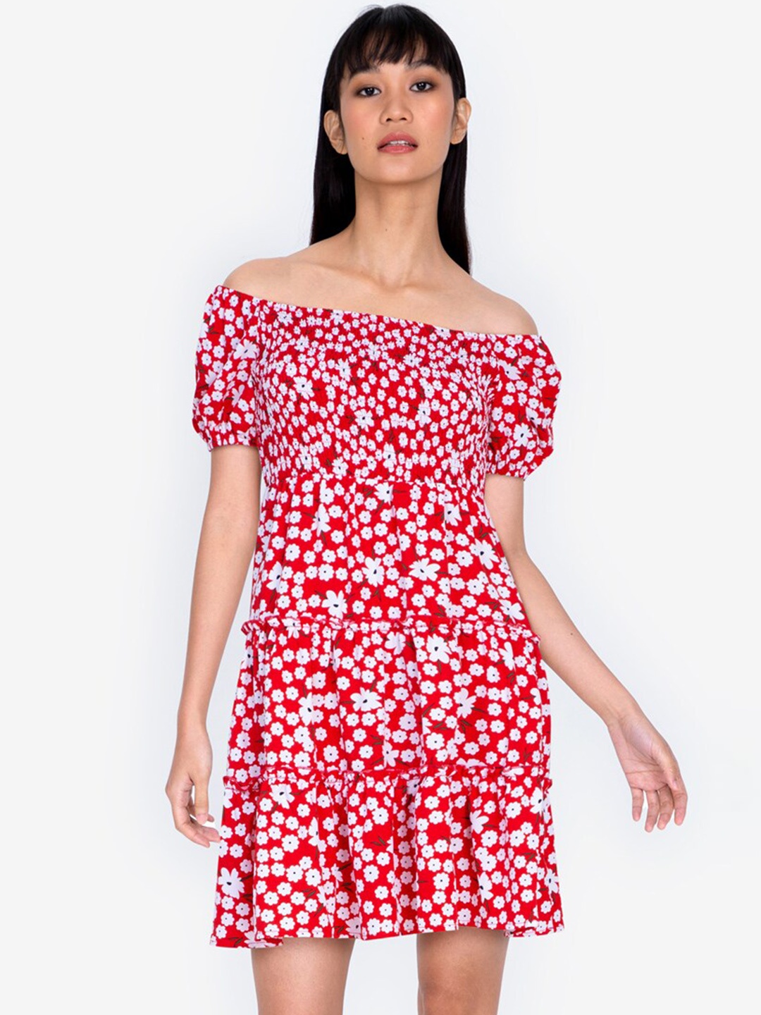 

ZALORA BASICS Red & White Floral Off-Shoulder A-Line Dress