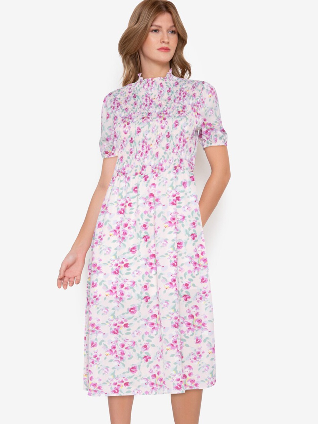 

ZALORA BASICS Multi Color Floral Printed Puff Sleeve Midi Dress