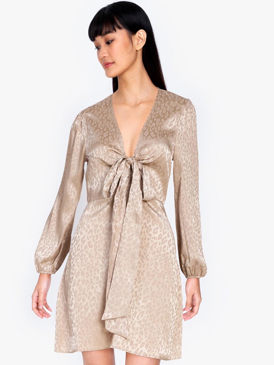 

ZALORA BASICS Women Beige Animal Printed Bow Front Satin Dress