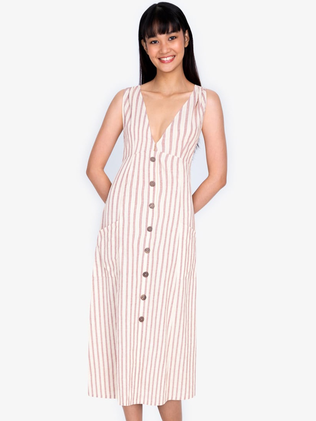

ZALORA BASICS Off White & Pink Striped A-Line Midi Dress