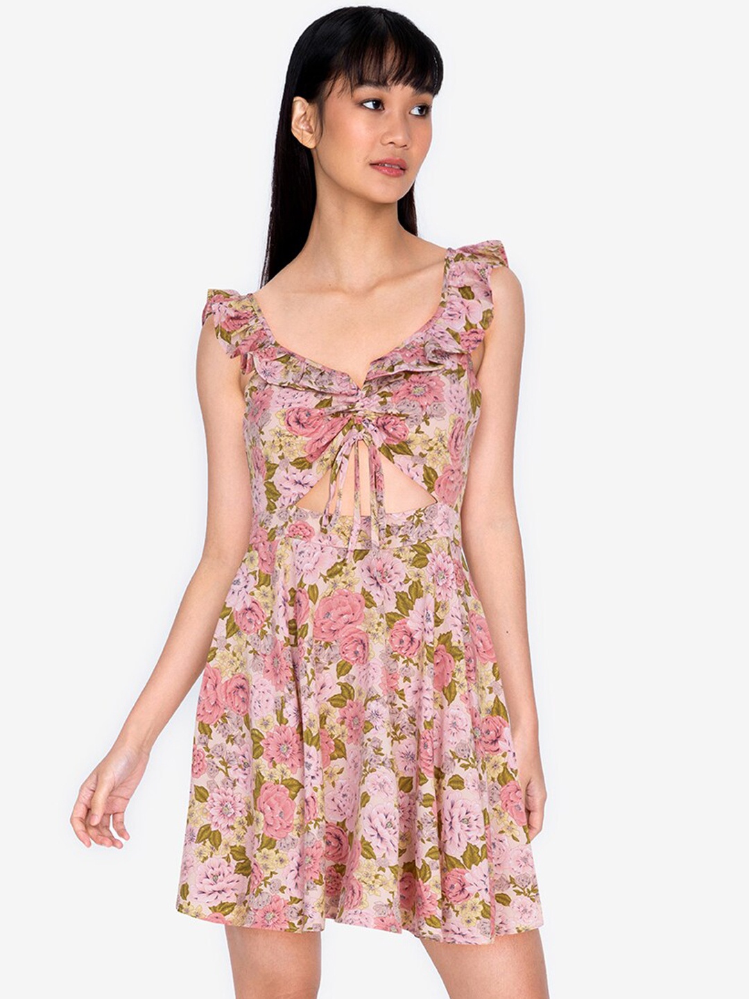 

ZALORA BASICS Multicoloured Floral Gather Front Ruffle A-Line Mini Dress, Multi