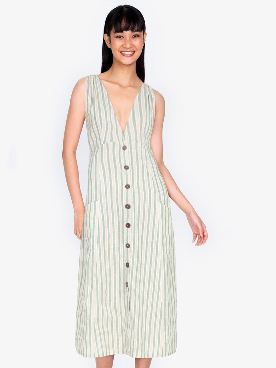 

ZALORA BASICS Green Deep V Button Down Midi Dress